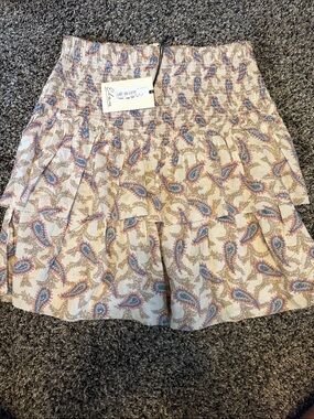 Elan Cream Paisley Tiered Smocked Waist Skirt with Blue and Coral Accents